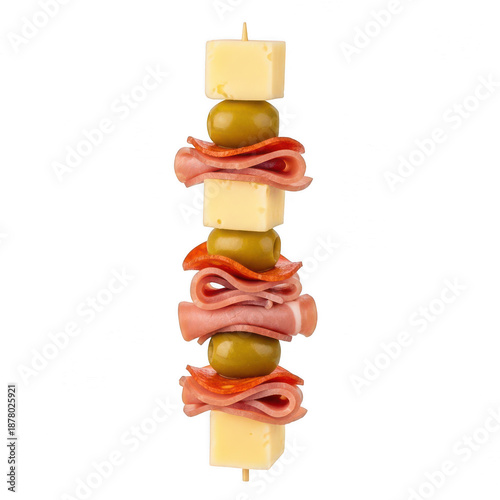 Delightful meat and cheese skewer with olives isolated on transparent background