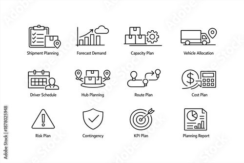 Logistics planning icons: shipment, forecast, capacity, vehicle, driver, hub, route, cost, risk