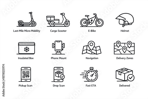 Micro mobility icons: scooters, bikes, helmets, and delivery technology symbols
