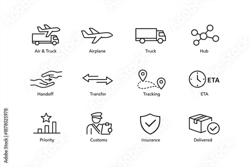 Logistics icon set featuring transportation, tracking, and delivery elements