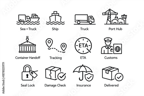 Logistics icons: shipping, tracking, customs, and delivery symbols