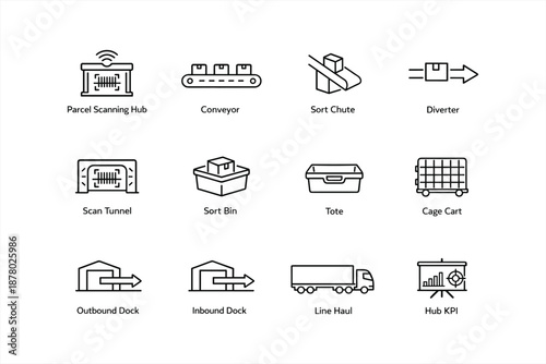 Logistics icons: parcel scanning, sort chute, conveyor, tote, line haul, hub kpi