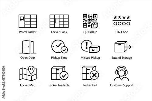 Parcel locker icons: qr pickup, pin code, customer support