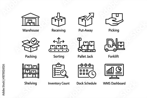 Logistics icon set illustrating warehouse operations with forklift and shelving