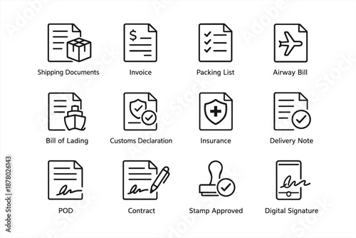 Shipping and logistics document icons: invoice, packing list, airway bill, customs declaration