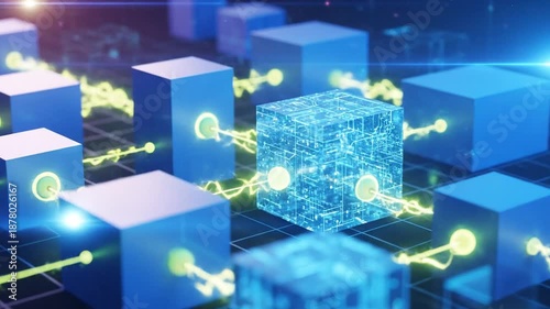 Digital cubes interconnected by glowing lines on dark grid