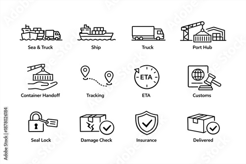 Logistics and shipping icons: sea, truck, port, container, customs process