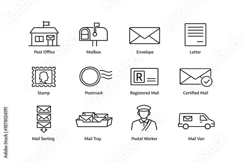 Postal service icons: mailbox, envelope, letter, certified mail, postal worker