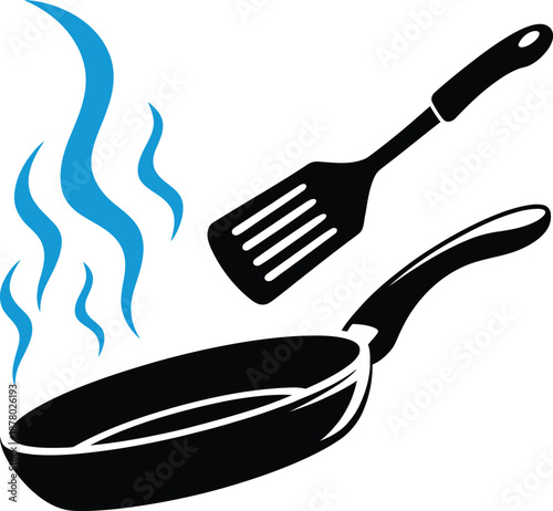 Cooking Frying Pan with Spatula and Blue Steam Vector Icon for Food and Kitchen Design