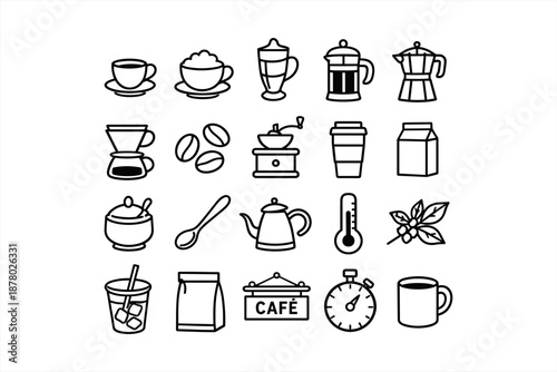 Variety of coffee icons featuring cups, beans, brewing tools, and accessories