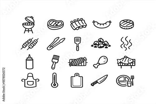 Bbq icon set: grilling tools and food items for outdoor cooking