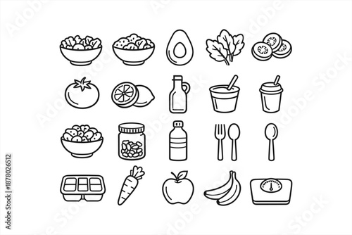 Healthy food icons: vegetables, fruits, drinks, and utensils collection