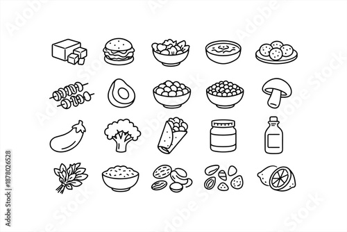 Black and white line icons of various foods including snacks and ingredients