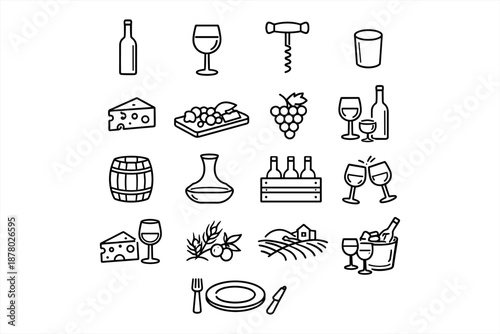 Wine icons set with cheese, grapes, and vineyard elements in black and white