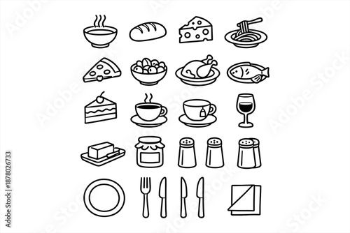 Collection of simple line drawings of food and dining items