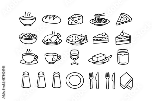 Assorted food icons: soup, bread, cheese, pizza, cake, and dining utensils