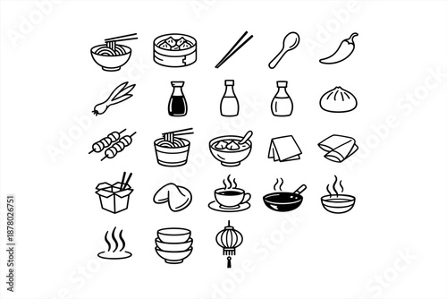 Collection of asian food icons: noodles, dumplings, chopsticks, soy sauce, tea, lantern