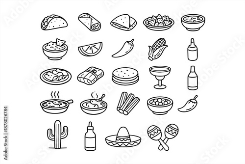 Mexican cuisine icons: tacos, wraps, salsa, and traditional foods