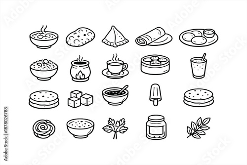 Variety of simple line drawings of different food items and beverages