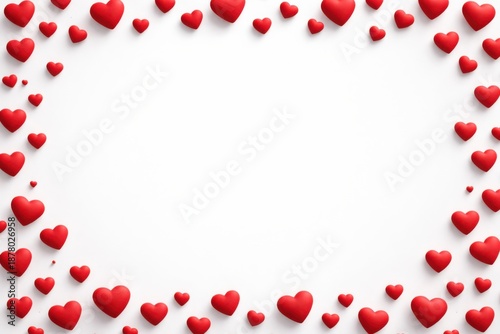 A vibrant arrangement of red hearts forms a decorative frame against a white background, symbolizing love and affection.