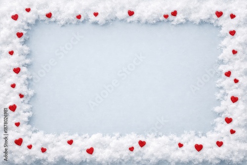 A frosty frame of white snow adorned with scattered red hearts, creating a romantic and winter-themed backdrop.