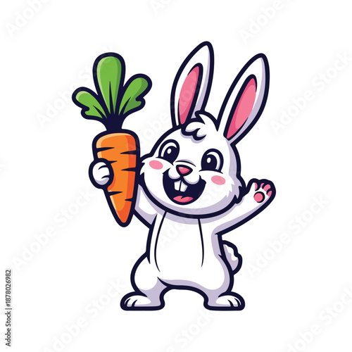 White cartoon rabbit happily holding a large orange carrot