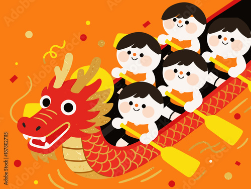 cartoon characters paddling dragon boat celebrating festival on vibrant orange background