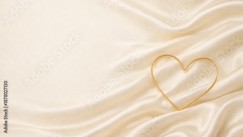 A golden heart shape rests on luxurious beige silk, creating an elegant and romantic backdrop.
