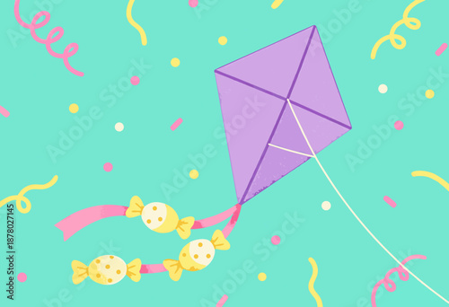 colorful kite soaring among confetti and candy on a lively turquoise background