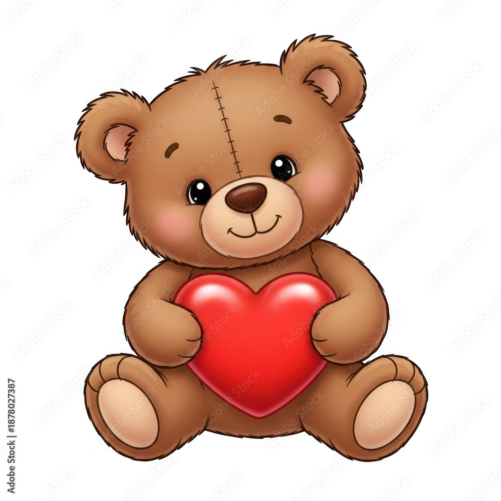 Obraz premium Adorable brown teddy bear holding a red heart isolated on transparent background