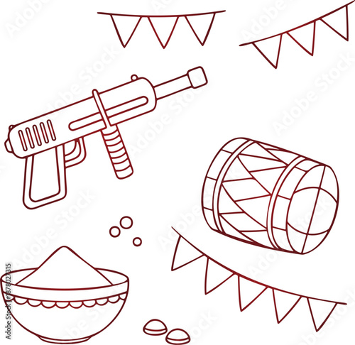 Holi festival celebration elements with water gun powder bowl and decorations  colorful Indian holiday symbols