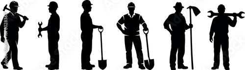 Workers silhouette vector with various tools isolated on transparent background
