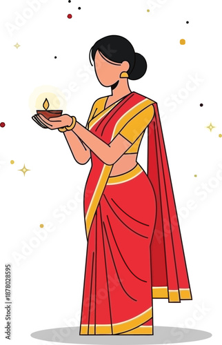 Indian woman wearing traditional red saree holding glowing diya oil lamp celebrating hindu festival of lights diwali vector illustration