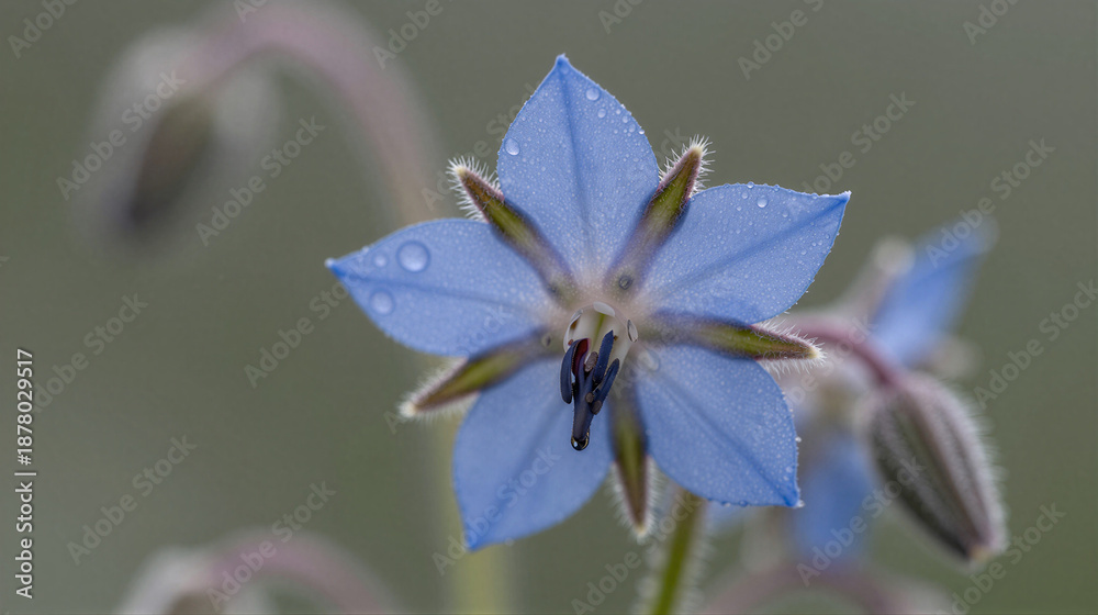 Fototapeta premium Macro shot of a fresh blue borage flower with dew droplets on five-pointed petals