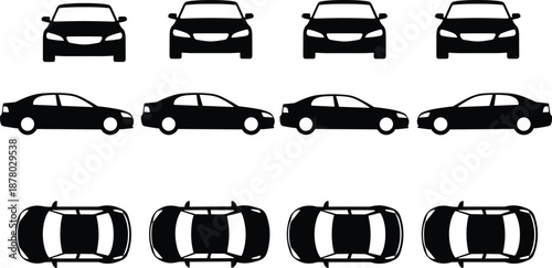 Black sedan car silhouettes, front side top views, modern automobile icon set, transportation design, isolated white background vector illustration collection