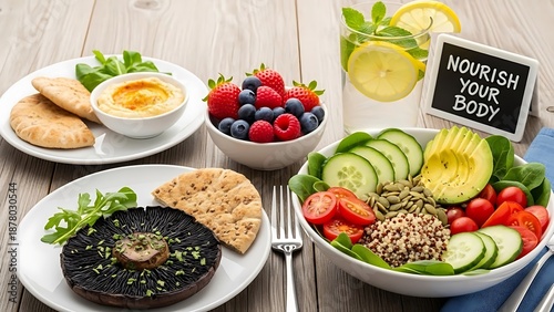 Healthy Meal Options on Wooden Table.