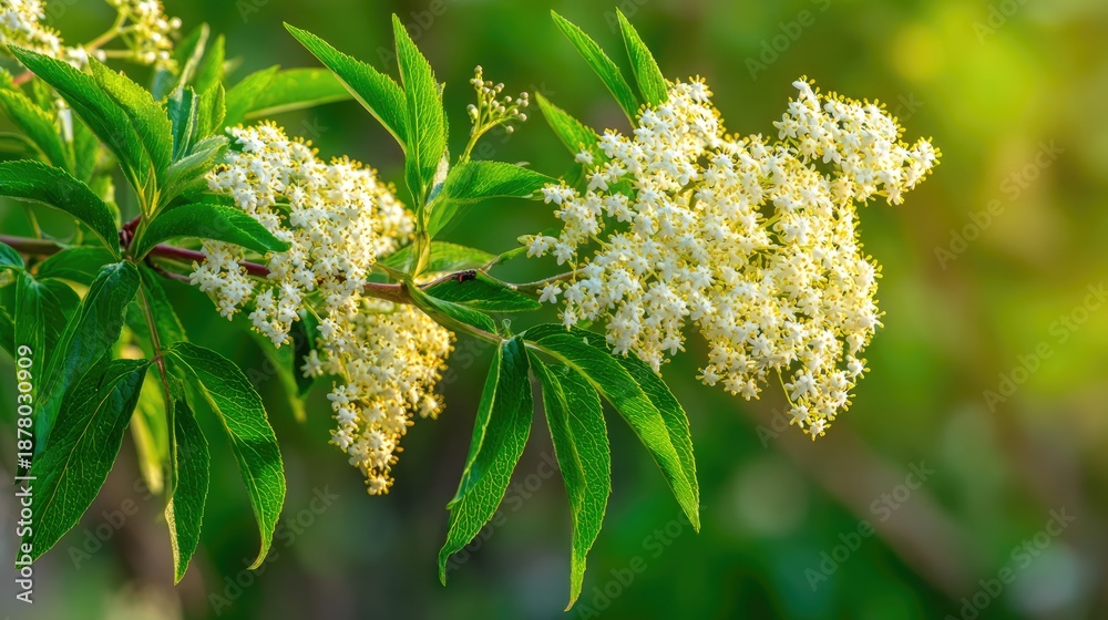 Fototapeta premium Fresh Elderflower Blossoms on Green Branch in Sunlight Natural Herbal Background