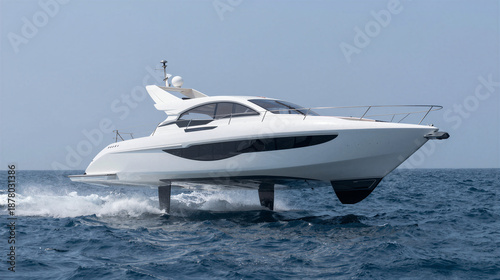 High-speed white luxury yacht with hydrofoil lift system skimming the ocean surface