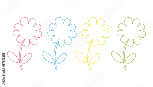 Colorful flower illustrations in pink blue yellow and green hues on a white background