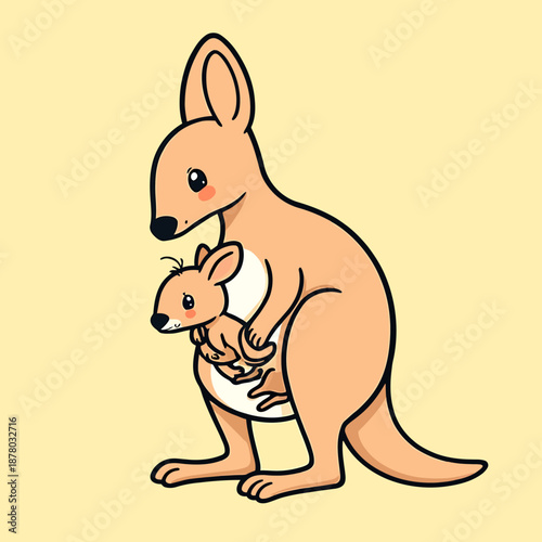 A kangaroo embracing its joey in a nurturing moment, depicted in a simple illustration with gentle lines and soft pastel colors