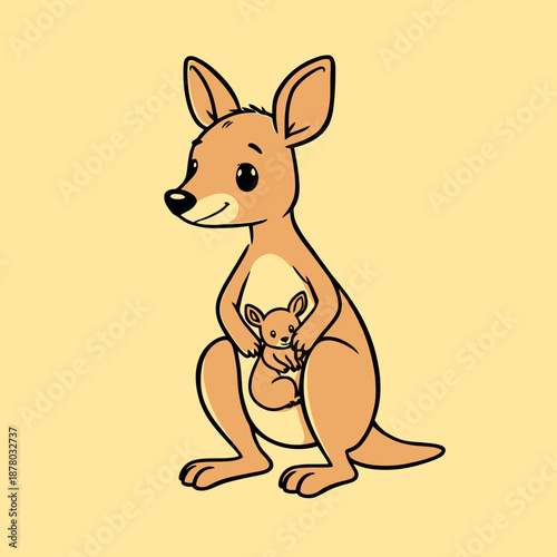 A mother kangaroo holding her joey in her pouch, sitting on the ground, viewed from the side in a simple illustration style