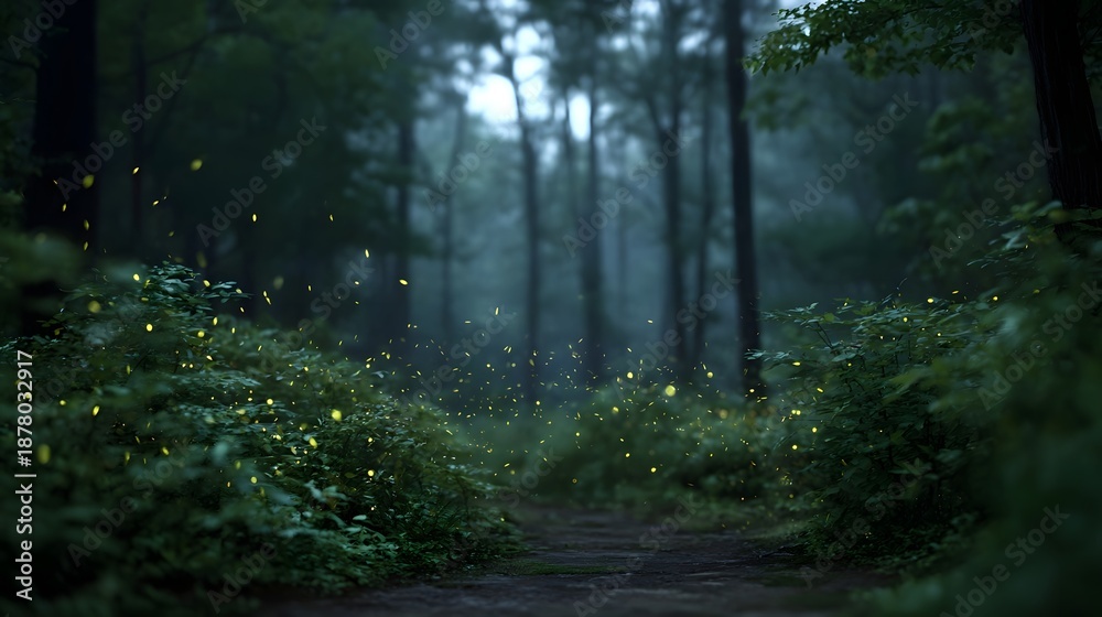 Obraz premium Mysterious fireflies illuminate a dark forest path at night