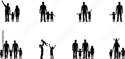 Family silhouettes with parents and children, happy father mother kids bonding moments, love care protection concept, black isolated illustration set