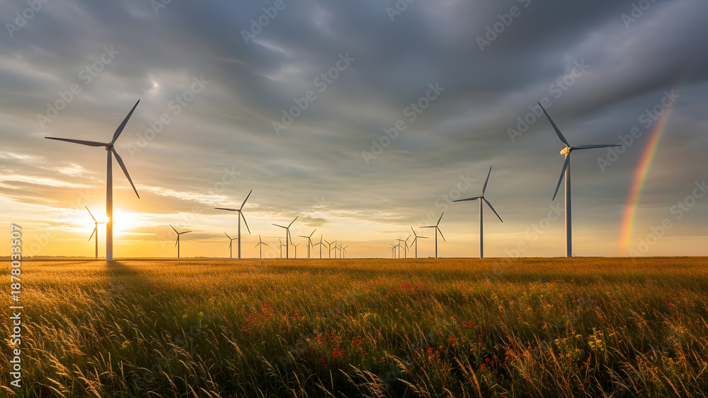 Fototapeta premium Wind turbines in vast field during sunset with rainbow and dramatic cloudy sky