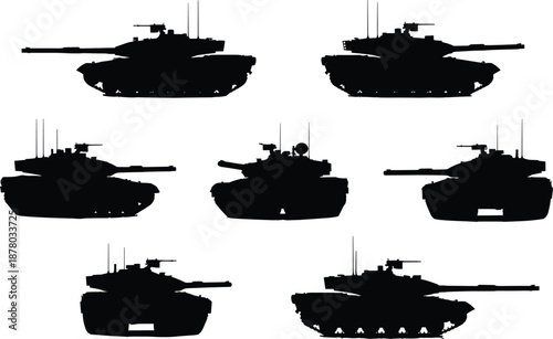 Military tank silhouette collection, modern battle armored vehicle set, heavy warfare illustration, army defense concept, isolated white background, vector, design