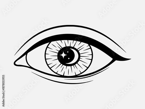 A stylized black and white illustration of a human eye with a star in the iris, graphic design element