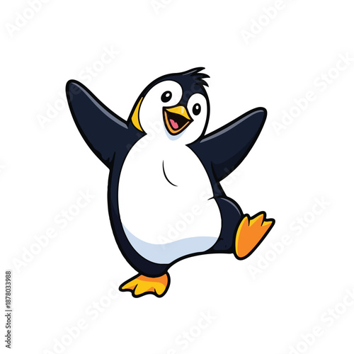 Penguin character with open wings and playful expression standing alone