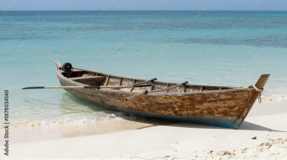 Fototapeta premium Weathered wooden rowboat beached on white sand with turquoise water under a bright summer sun