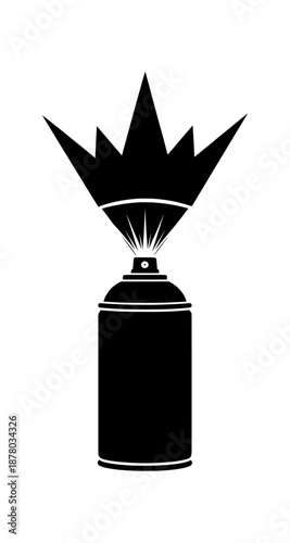 A black spray can with a crown-shaped spray nozzle releasing a burst of paint in a graphic illustration
