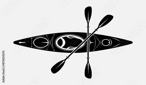 Overhead view of a sleek black kayak with crossed paddles on a clean white background vectorink-download (11).eps